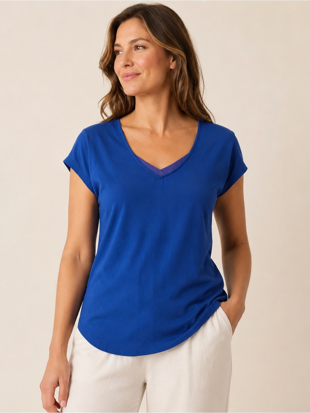 ANNE KLEIN | Royal Blue V-Neck Short Sleeve Top